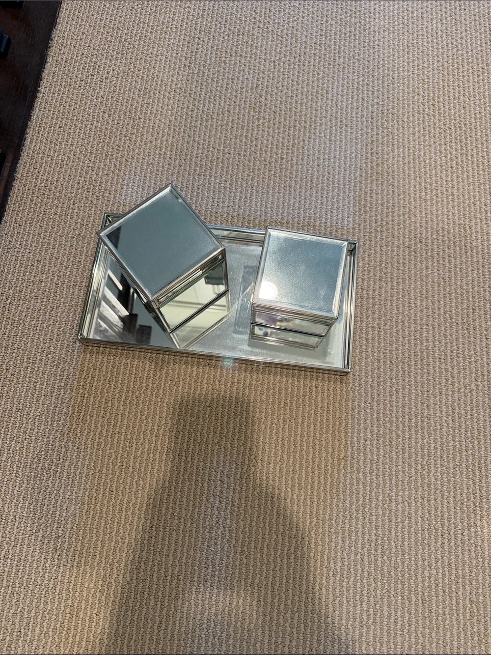 Restoration Hardware Mirrored Vanity Tray with Two Glass Boxes - Silver